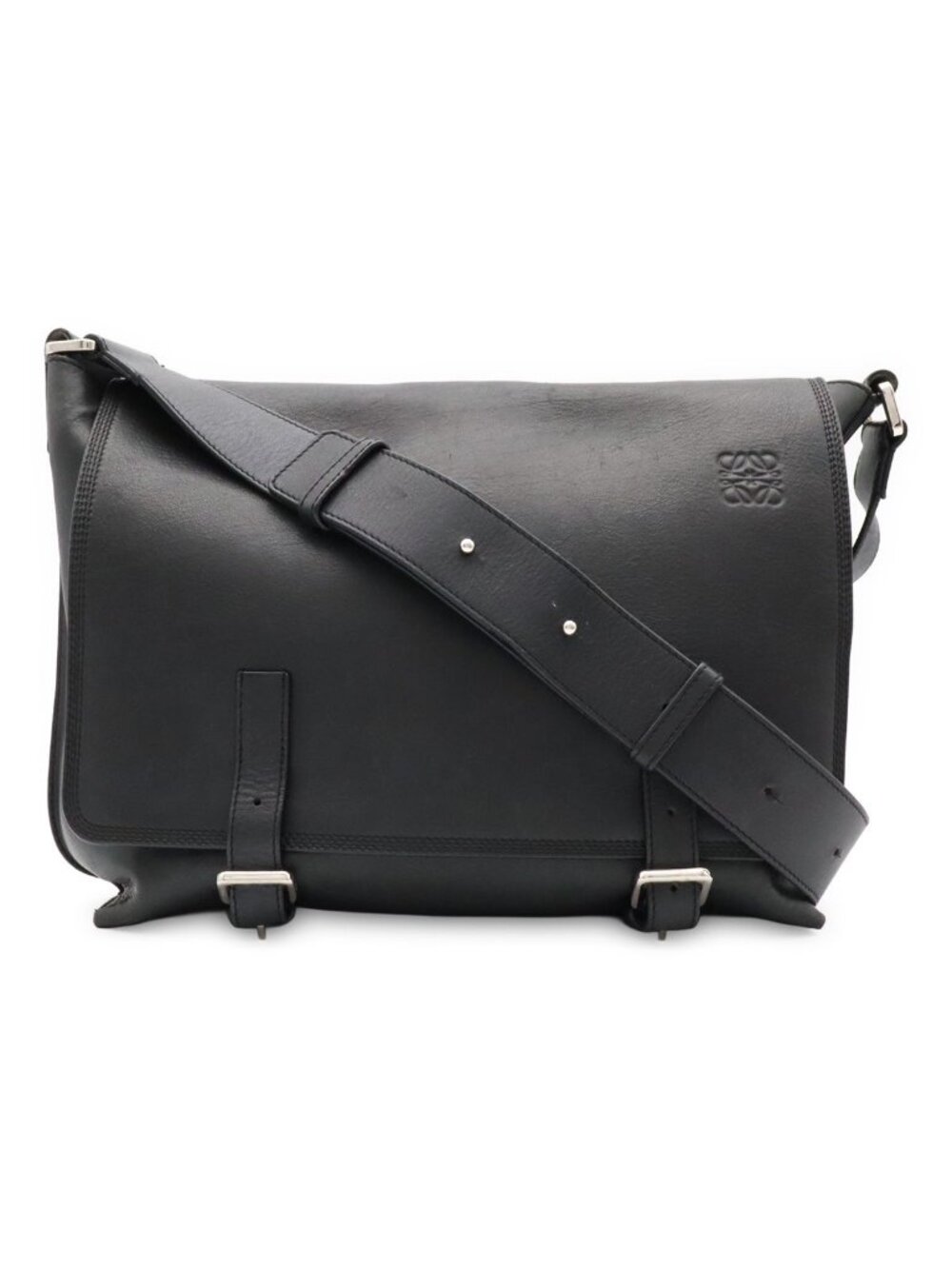 Loewe Anagram Military Messenger Bag Canvas Leather Black Silver